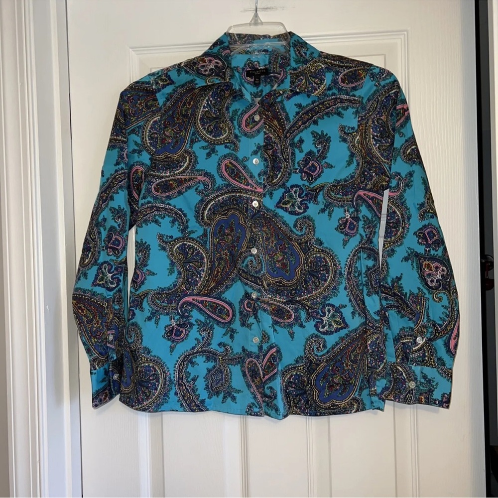 Talbots Paisley Button Up Top petite SP Teal Blue Long Sleeve Blouse Shirt